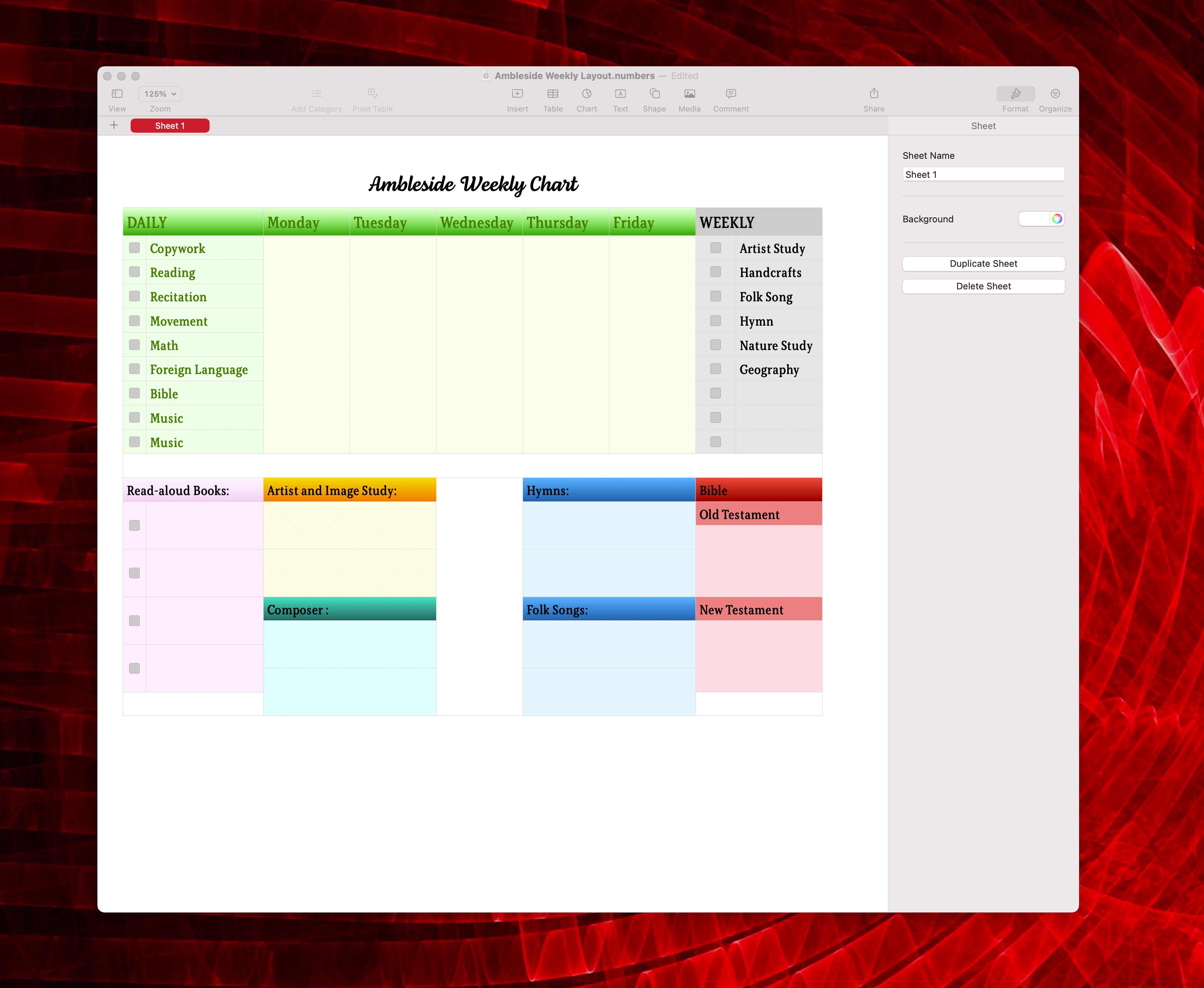 Ambleside Weekly Layout Chart for iPad, print, or computer I. G